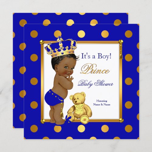 Cute Prince Baby Shower Boy Royal Blue Gold Ethnic Invitation