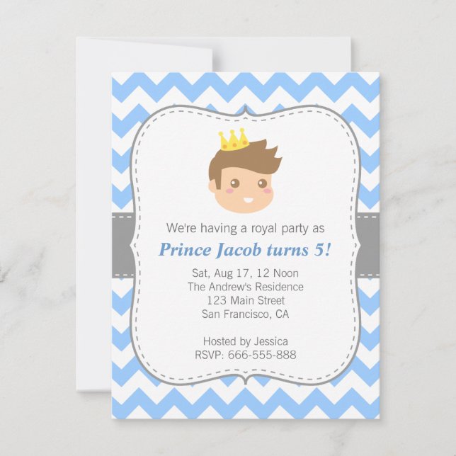 Cute Prince Birthday Party, Blue and White Chevron Invitation (Front)