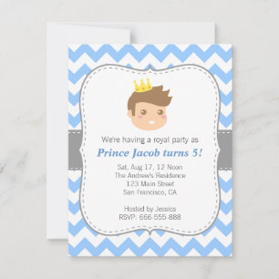 Cute Prince Birthday Party, Blue and White Chevron Invitation