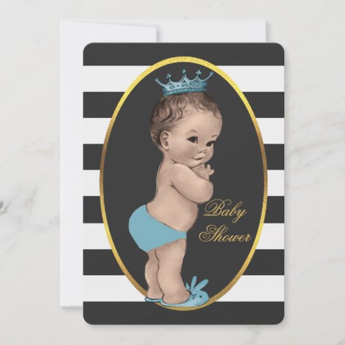 Cute Prince Black White Stripes Baby Shower Invitation