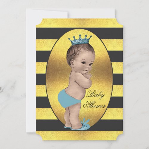 Cute Prince Faux Gold Foil Stripes Baby Shower Invitation