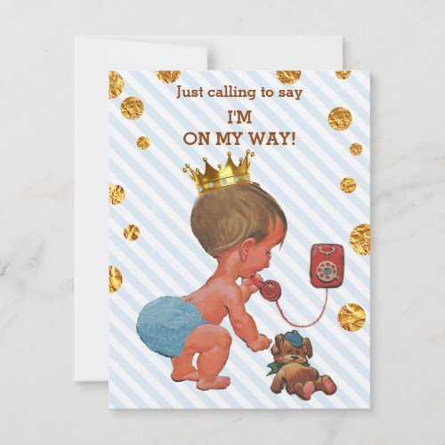 Cute Prince On Phone Stripes Gold Dots Baby Shower Invitation