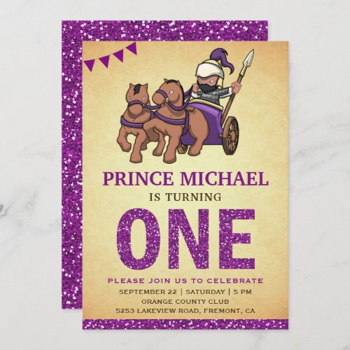 Cute Prince Purple Glitter First Birthday Invite