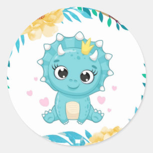 Cute Prince Teal and Yellow Dinosaur Baby Shower Classic Round Sticker