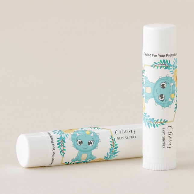 Cute Prince Teal and Yellow Dinosaur Baby Shower Lip Balm (Front)