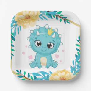 Cute Prince Teal and Yellow Dinosaur Baby Shower Paper Plates