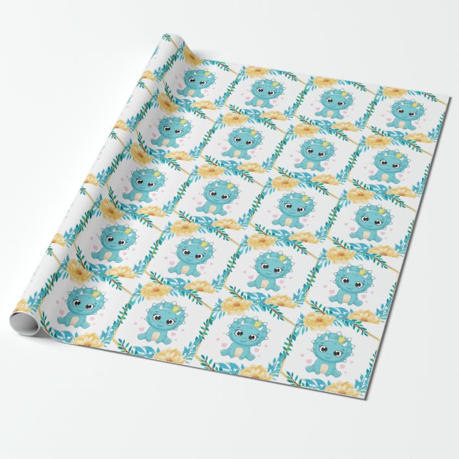 Cute Prince Teal and Yellow Dinosaur Baby Shower Wrapping Paper (Unrolled)
