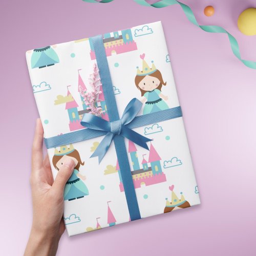 Cute Princess and Castle Pink and Blue Wrapping Paper