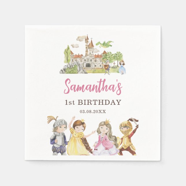 Cute Princess and Knights Birthday Napkins (Front)