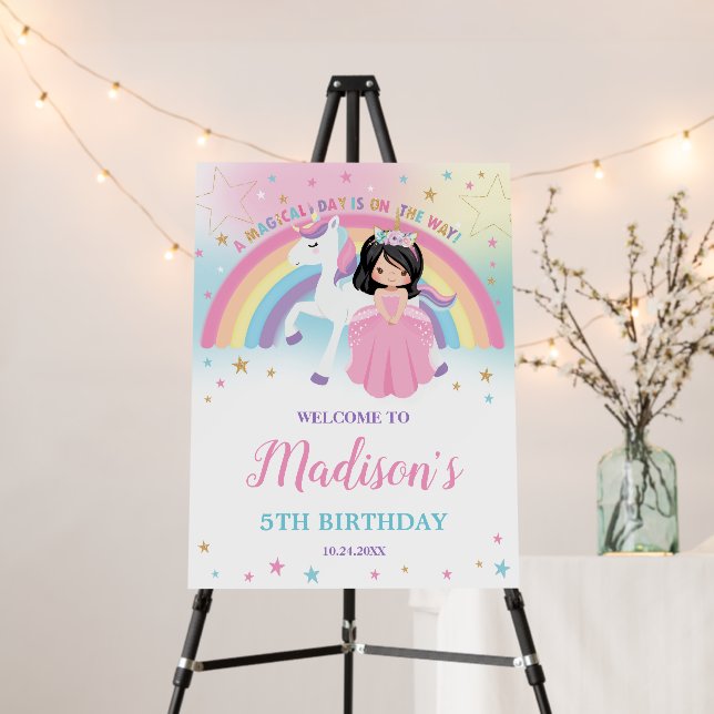 Cute Princess and Unicorn Birthday Rainbow Welcome Foam Board (In Situ (Stand))