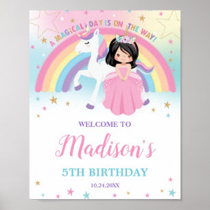 Cute Princess and Unicorn Birthday Rainbow Welcome Poster