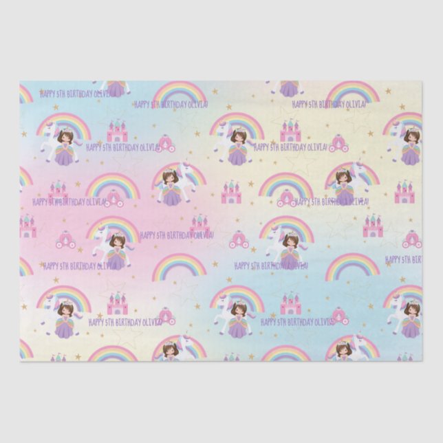 Cute Princess and Unicorn Rainbow Birthday Custom Tissue Paper (Front)