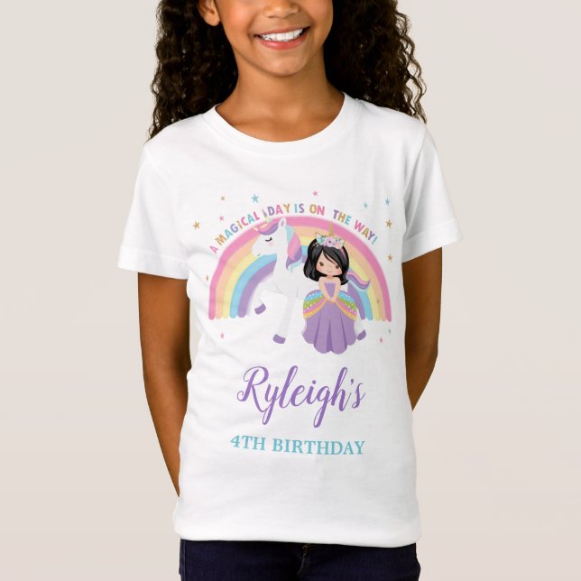 Cute Princess and Unicorn Rainbow Birthday Outfit T-Shirt (Front)