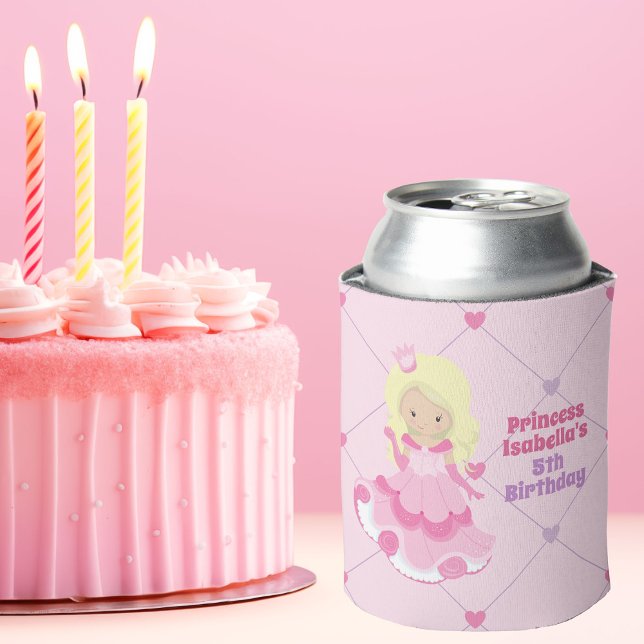Cute Princess Birthday Party Pink Personalized Can Cooler (Creator Uploaded)
