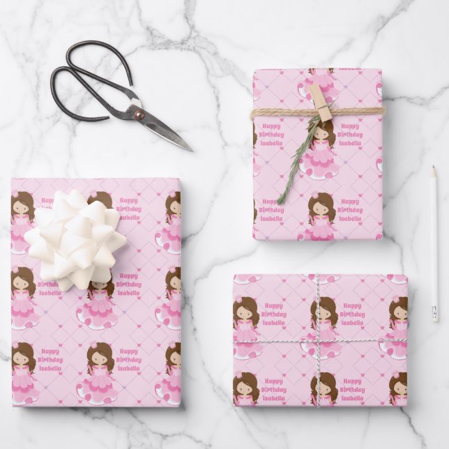 Cute Princess Birthday Pink Personalized Girls Wrapping Paper Sheets (Front)