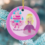 Cute Princess Blonde Girl Custom Kids Christmas Ceramic Ornament<br><div class="desc">A pretty personalized princess Christmas ornament featuring a beautiful little girl in a queen ball gown with pink bows standing in front of a pink and ice blue castle. A cute custom gift for a blonde little girl during the holiday season. Add your child's name underneath the castle steps.</div>