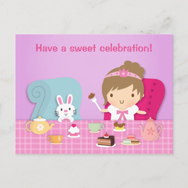 Cute Princess Bunny Tea Party Birthday Greeting Invitation Postcard (Front)