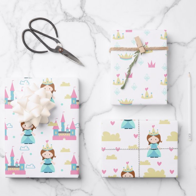 Cute Princess Castle Crown Pattern Girl Birthday Wrapping Paper Sheets (Front)