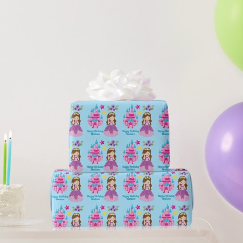 Cute Princess Castle Custom Ice Blue Birthday Girl Wrapping Paper