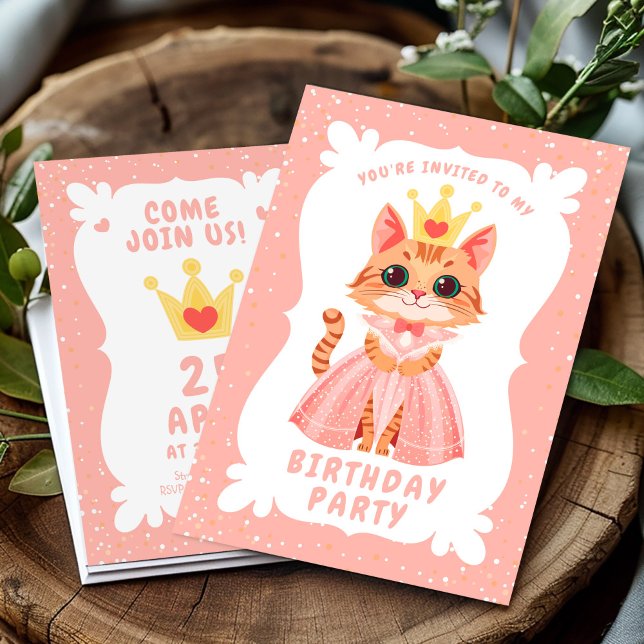 Cute Princess Cat in Pink Dress Whimsical Birthday Invitation (Creator Uploaded)