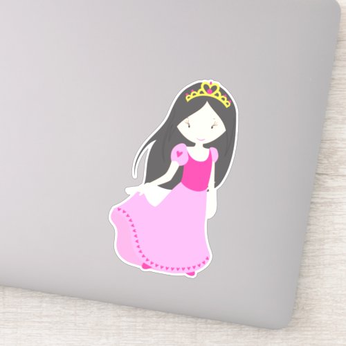 Cute Princess Crown Black Hair Pink Dress Sticker