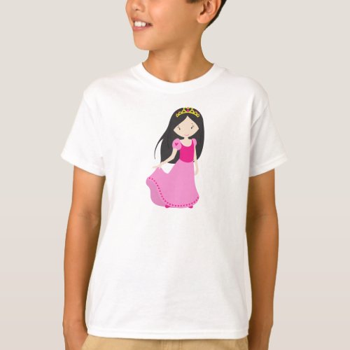 Cute Princess Crown Black Hair Pink Dress T_Shirt