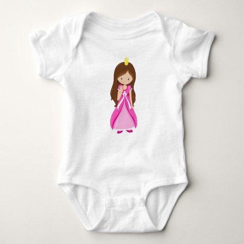 Cute Princess Crown Brown Hair Pink Dress Baby Bodysuit
