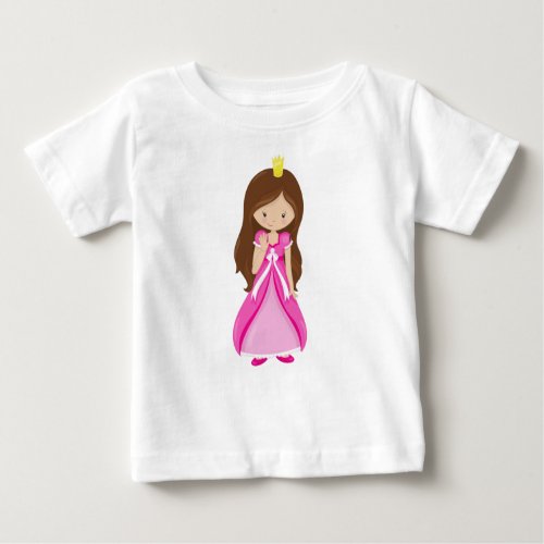 Cute Princess Crown Brown Hair Pink Dress Baby T_Shirt