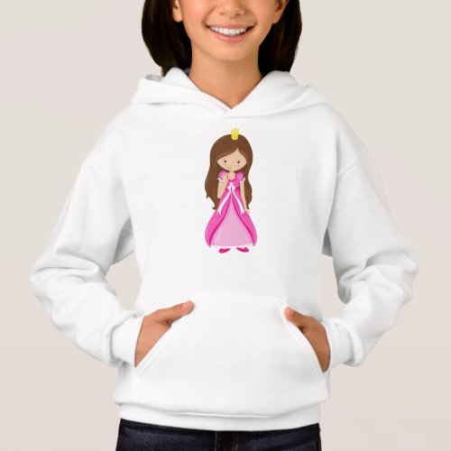 Cute Princess Crown Brown Hair Pink Dress Hoodie