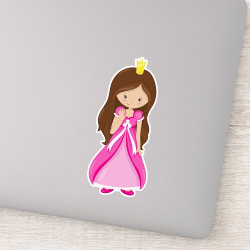 Cute Princess Crown Brown Hair Pink Dress Sticker