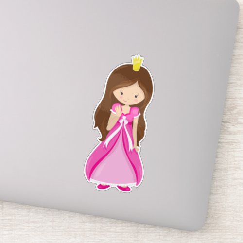 Cute Princess Crown Brown Hair Pink Dress Sticker