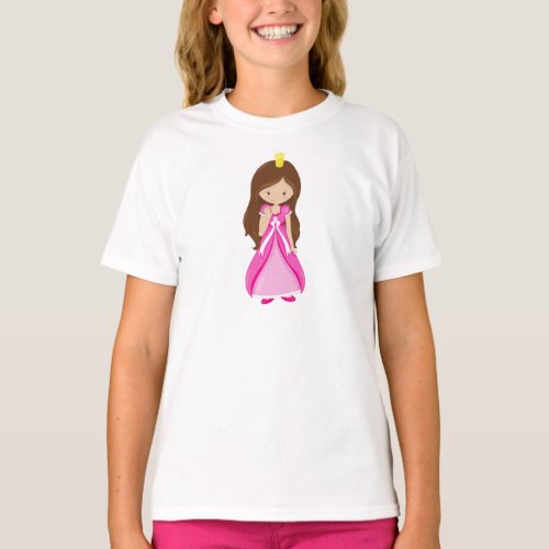 Cute Princess Crown Brown Hair Pink Dress T_Shirt