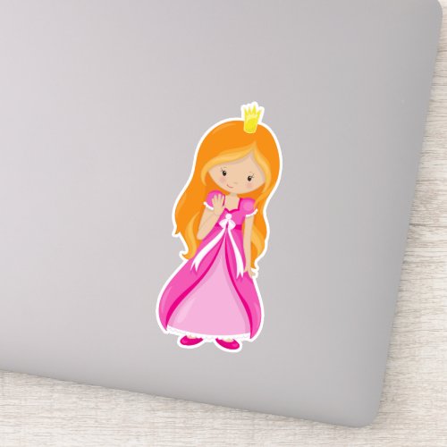 Cute Princess Crown Orange Hair Pink Dress Sticker