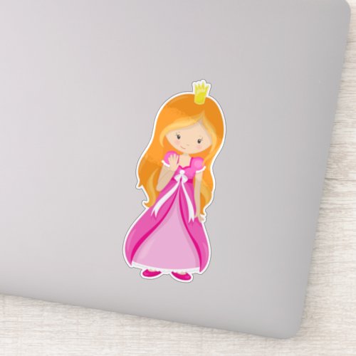 Cute Princess Crown Orange Hair Pink Dress Sticker