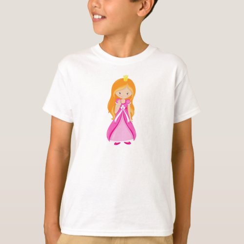 Cute Princess Crown Orange Hair Pink Dress T_Shirt