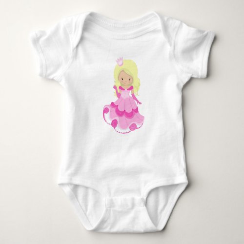 Cute Princess Crown Pink Dress Blonde Hair Baby Bodysuit