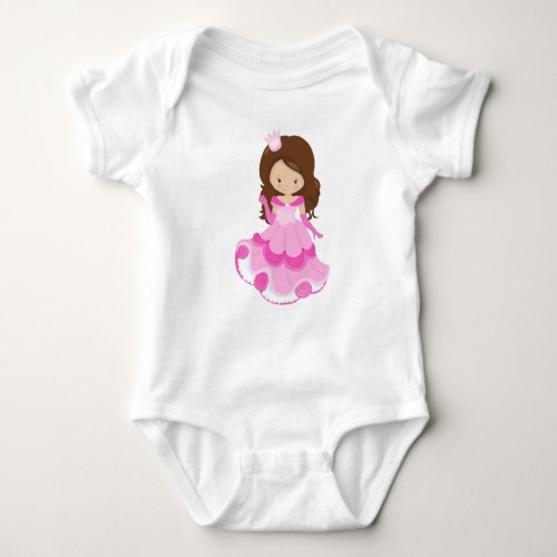 Cute Princess Crown Pink Dress Brown Hair Baby Bodysuit