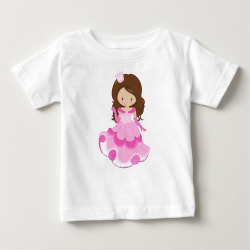 Cute Princess Crown Pink Dress Brown Hair Baby T_Shirt