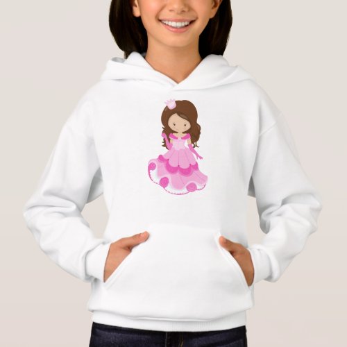 Cute Princess Crown Pink Dress Brown Hair Hoodie