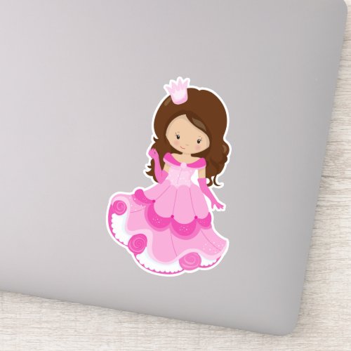 Cute Princess Crown Pink Dress Brown Hair Sticker