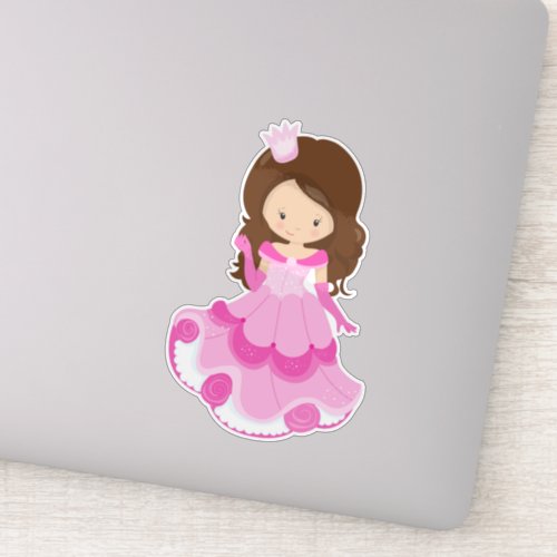 Cute Princess Crown Pink Dress Brown Hair Sticker