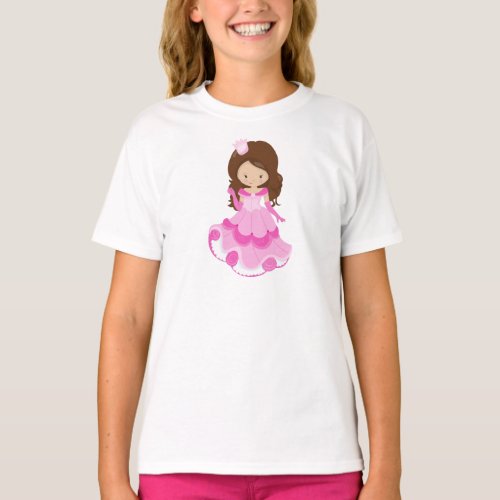 Cute Princess Crown Pink Dress Brown Hair T_Shirt