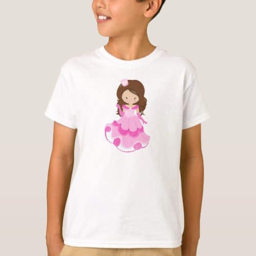 Cute Princess Crown Pink Dress Brown Hair T_Shirt