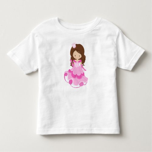 Cute Princess Crown Pink Dress Brown Hair Toddler T_shirt