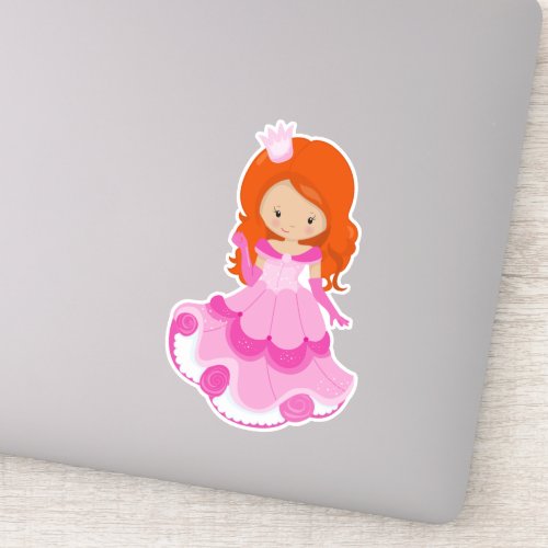 Cute Princess Crown Pink Dress Orange Hair Sticker