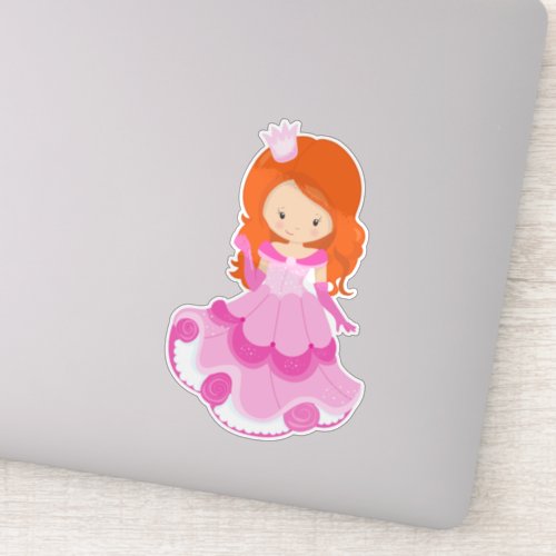 Cute Princess Crown Pink Dress Orange Hair Sticker