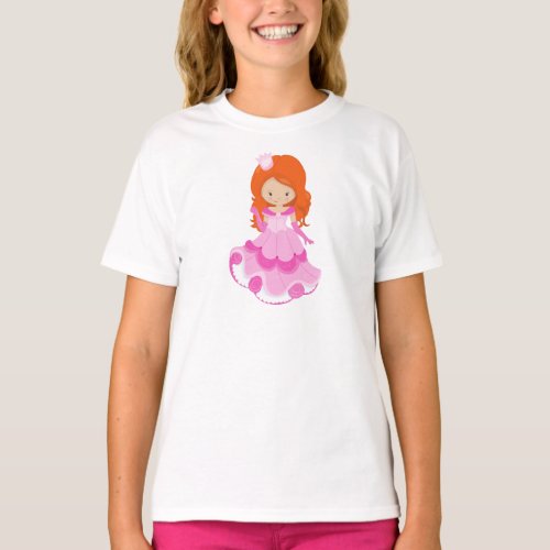 Cute Princess Crown Pink Dress Orange Hair T_Shirt