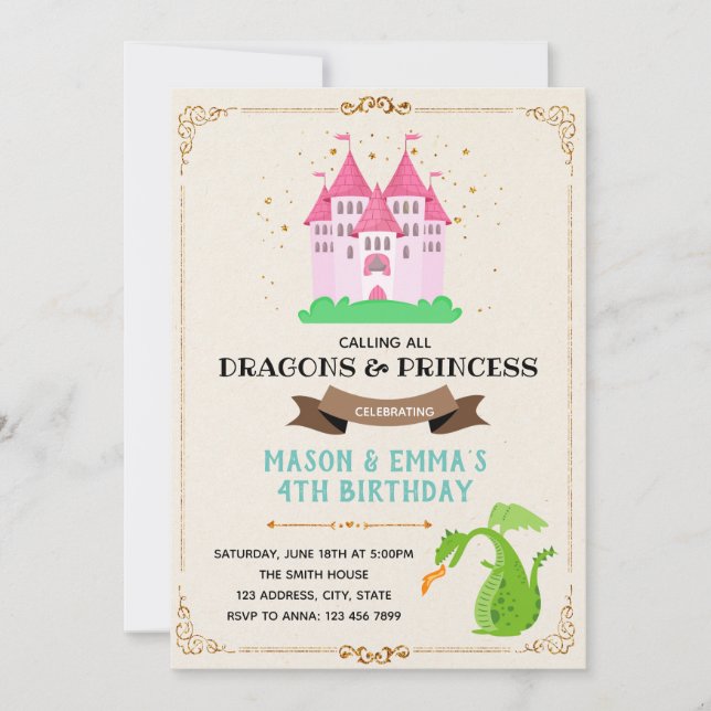 Cute princess dragon joint birthday invitation (Front)