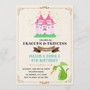 Cute princess dragon joint birthday invitation