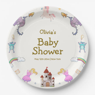 Cute Princess Dragon Unicorn Baby Shower Paper Plates